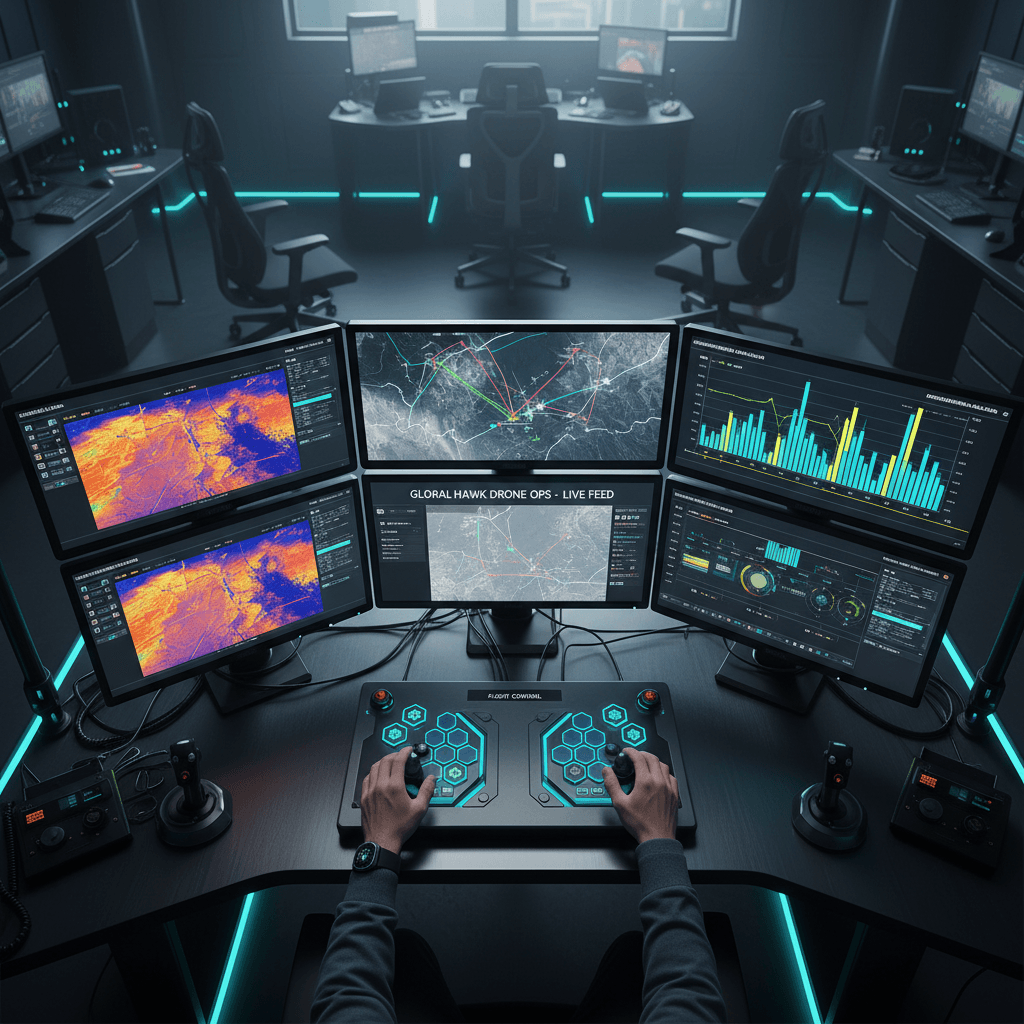 Tactical operations center displaying live drone surveillance feeds