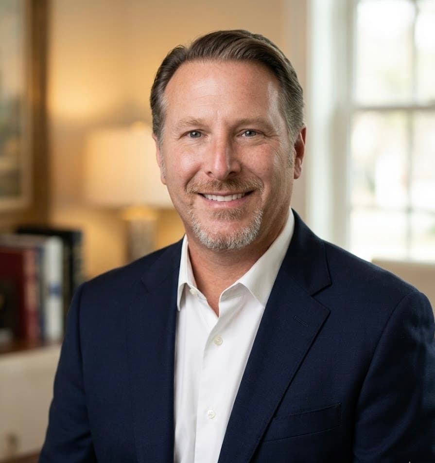 Smiling middle-aged man with a goatee wearing a navy blazer and white collared shirt.